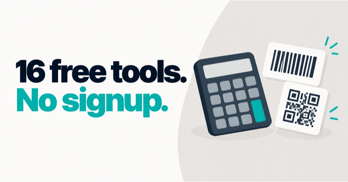 Flat illustration of a calculator, a barcode label and a QR code card, with the words "16 free tools. No signup."