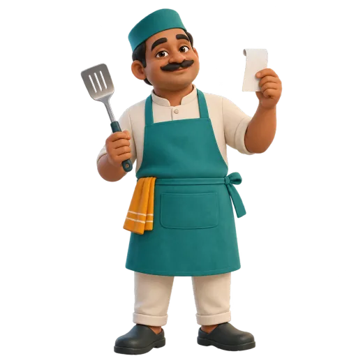 Clay figure of a cook tearing a kitchen ticket