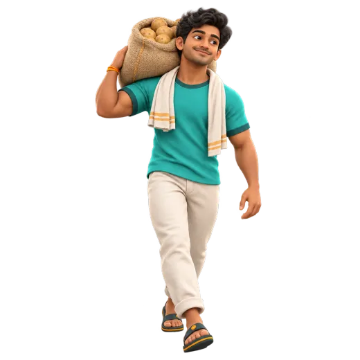 Clay figure of a helper carrying a sack on site