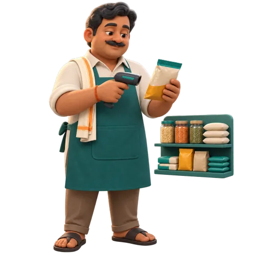 Clay figure of a kirana shopkeeper scanning a product