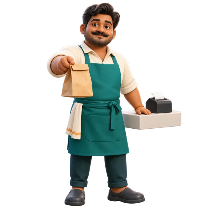 Clay figure of a shop owner handing over a bag